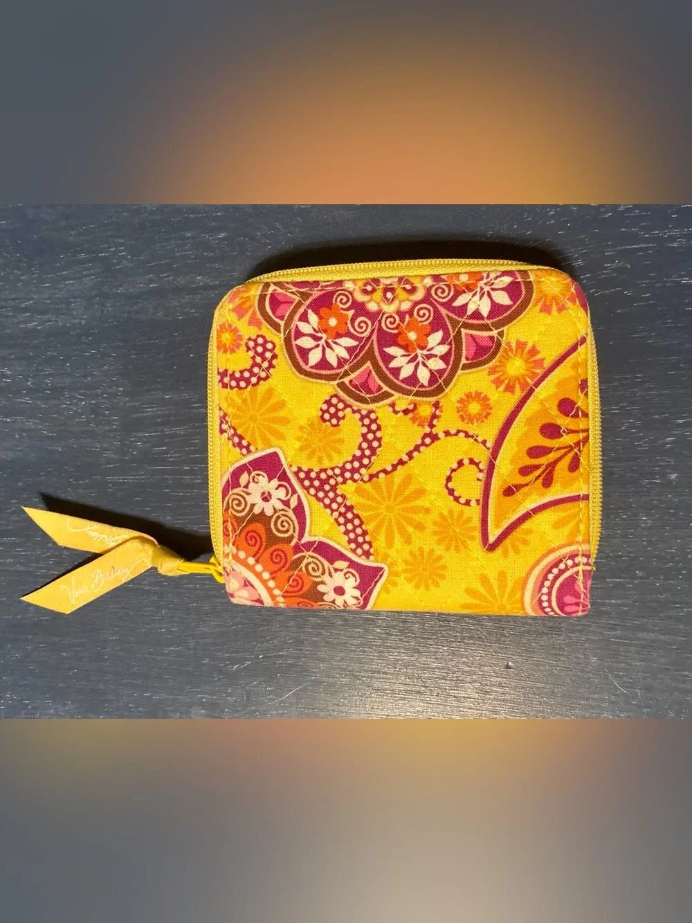 Vera Bradley Yellow Floral Zip Wallet - Women's Compact Card Holder - Picture 2 of 6